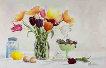 Tulip Bouquet Still Life - Painting a Variety of Textures Including Glass and Blue Glass.