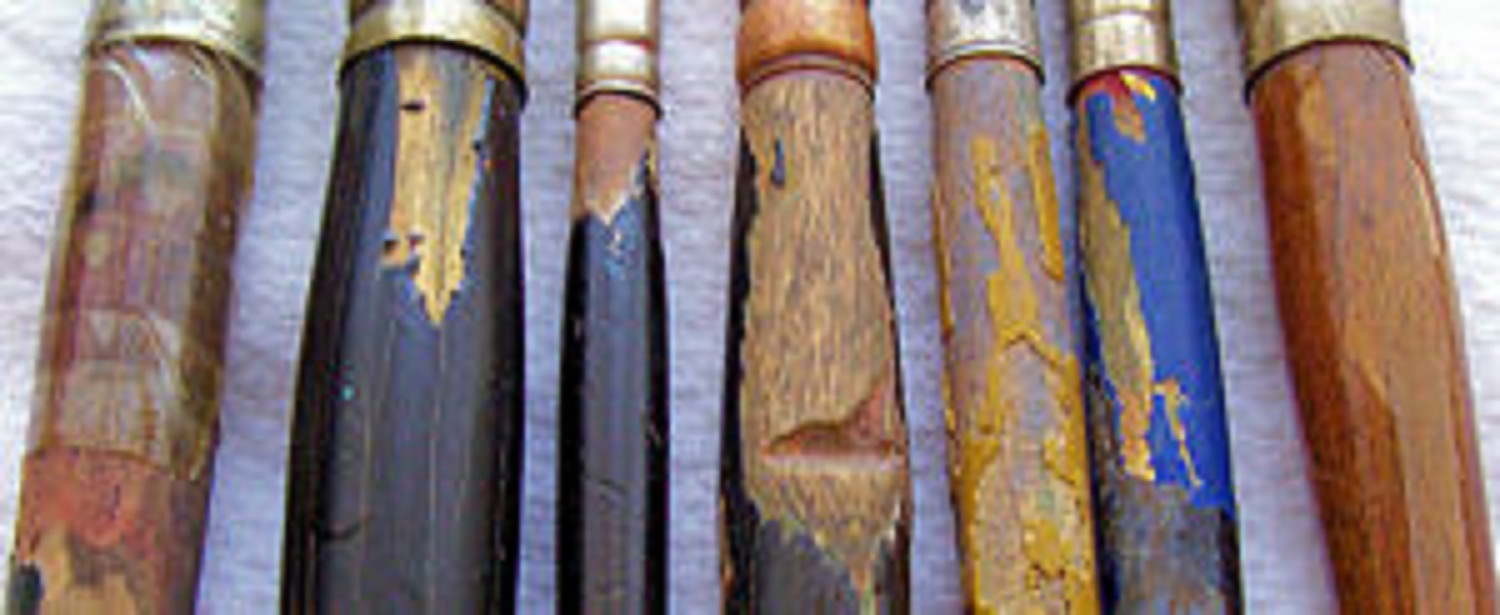 Water will find its way to the dry wood at the core of the brush handle, which then soaks the wood. The pressure of the expanding wet wood can force the metal ferrule to loosen from the handle of your brush. Over time this leads to cracks and chipping and loose, wobbly ferrules. See the taped ferrule on the far left? That brush fell apart while painting. It got water logged a few too many times.