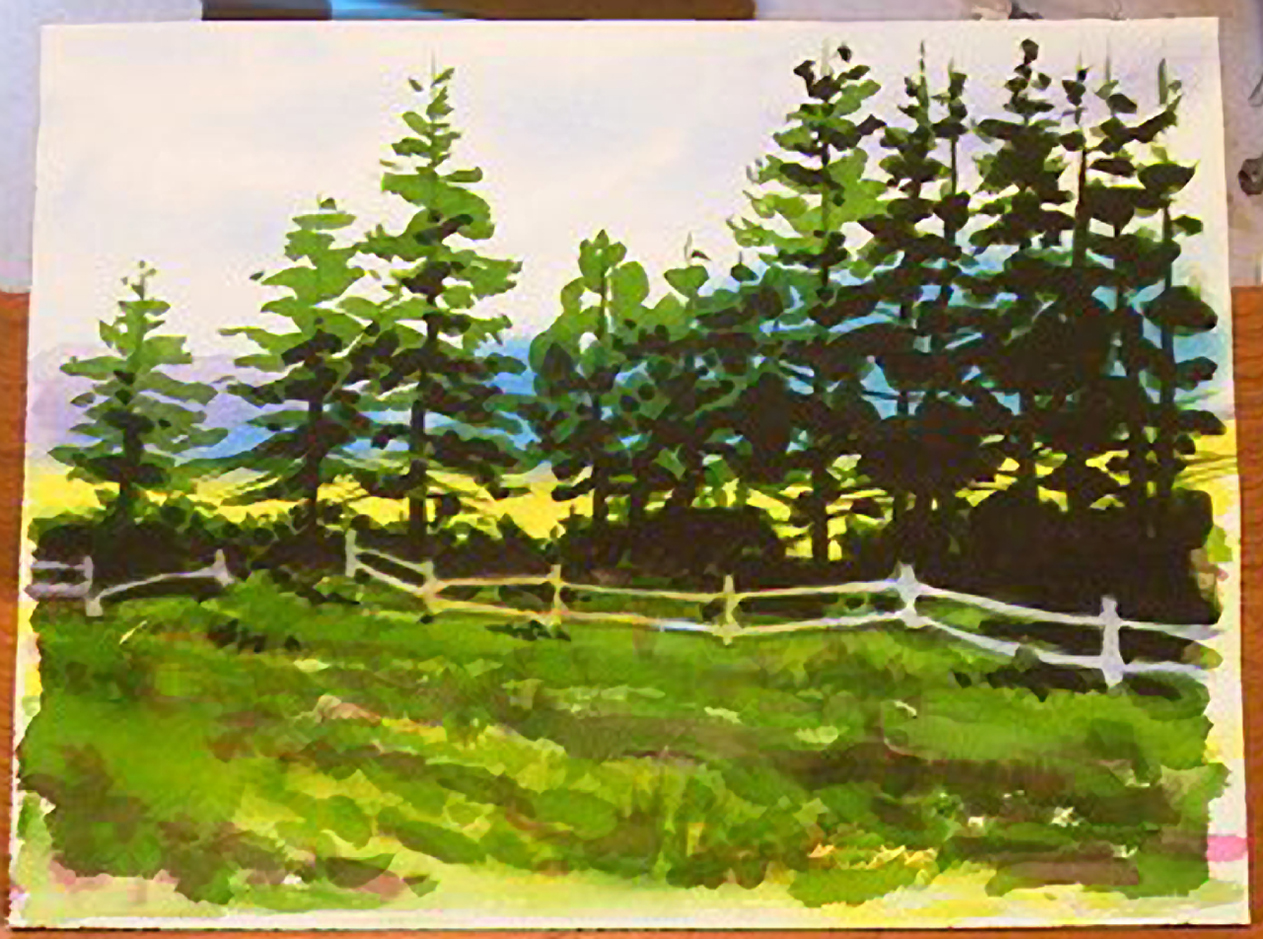 Painting A Line Of Pines - Beebly's Watercolor Painting