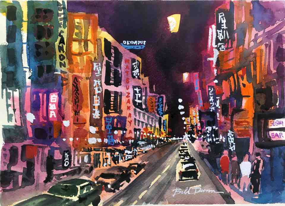 Tokyo Night Time Cityscape Watercolor Class