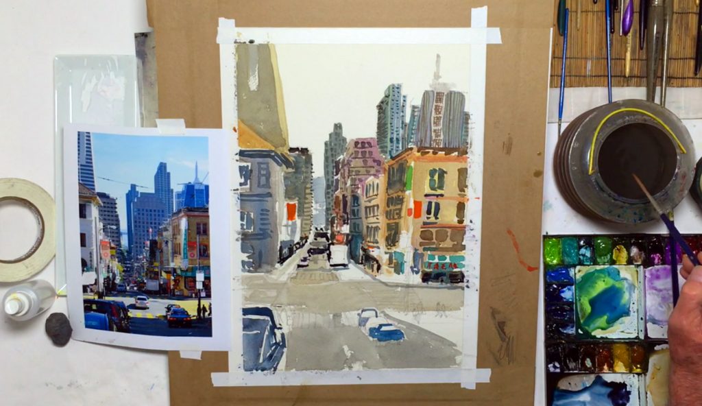 Painting cars in a city landscape