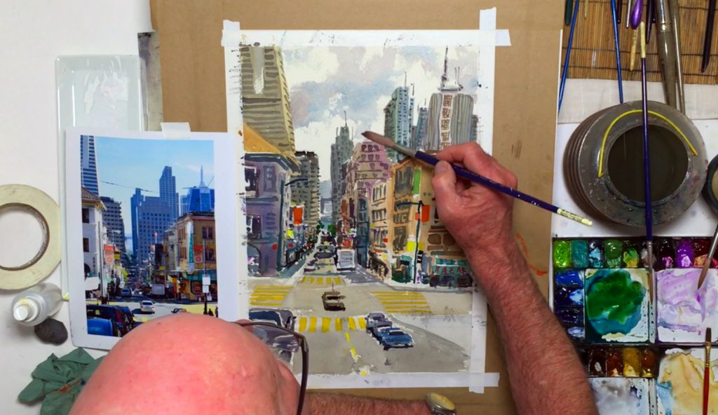 Painting the sky in a city landscape