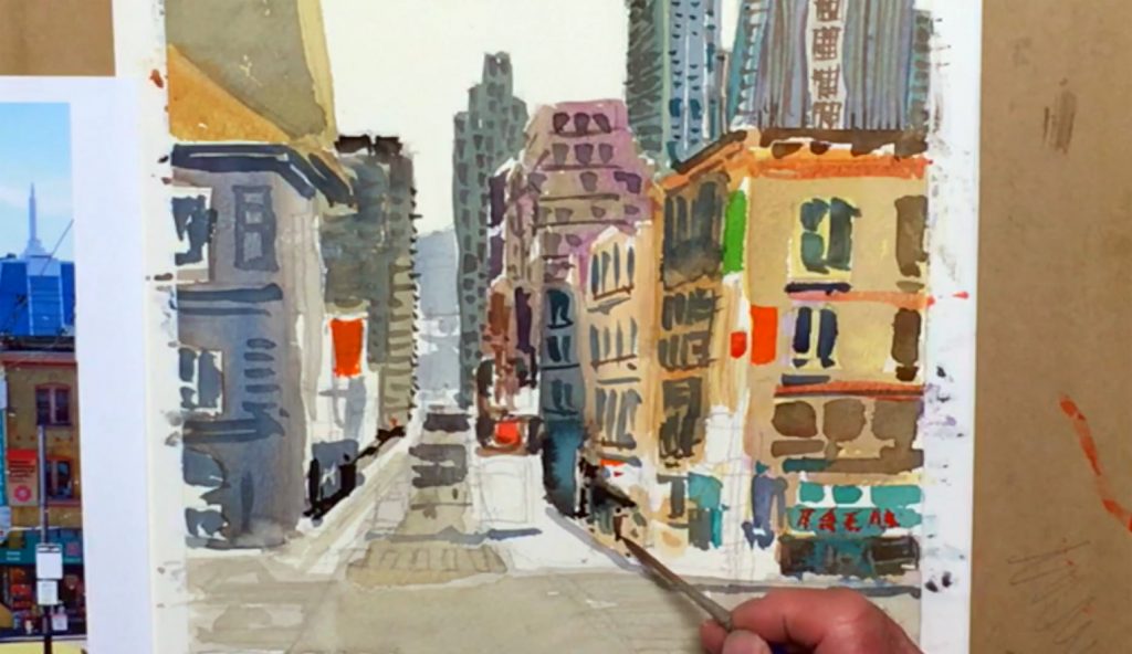 Painting perspective in a city landscape