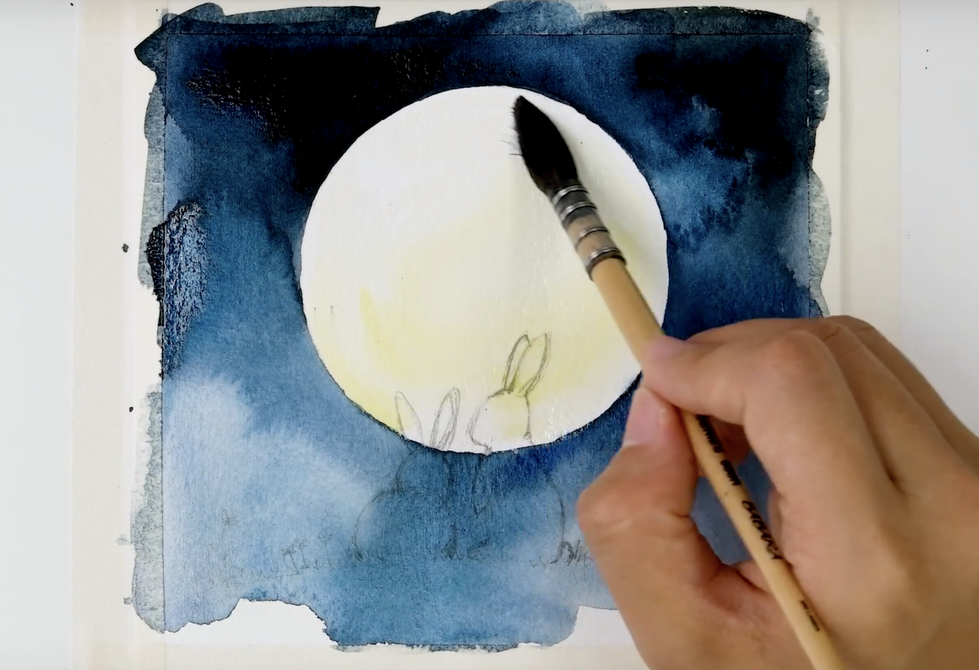 watercolor-painting-ideas-painting-bunny-silhouettes-with-a-full-moon-Step 3
