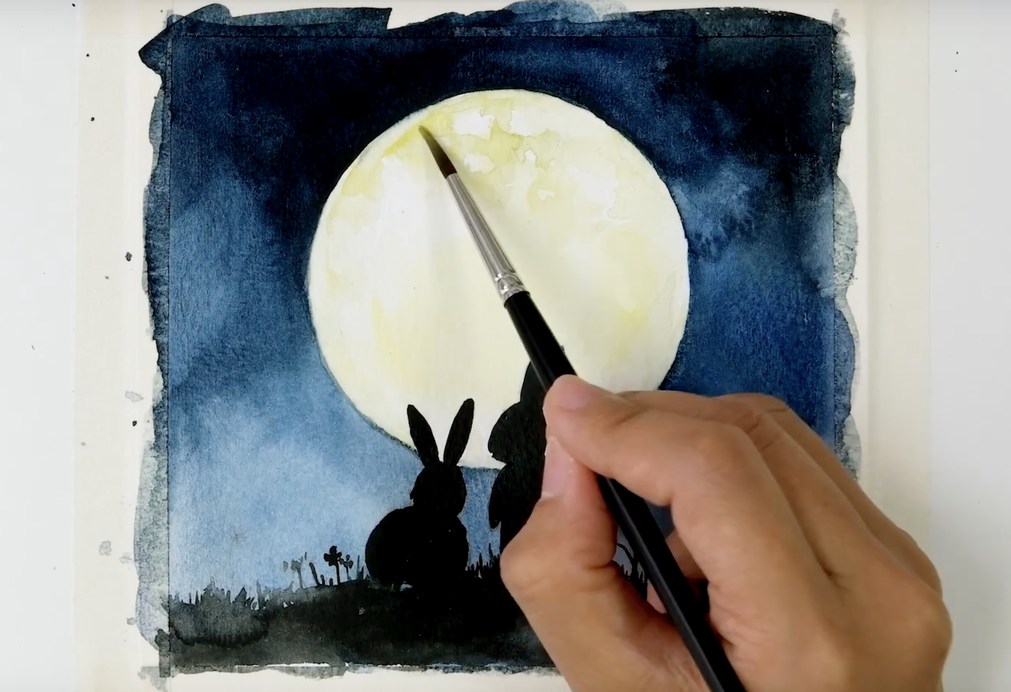 watercolor-painting-ideas-painting-bunny-silhouettes-with-a-full-moon-Step 5