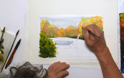 Screenshot (10) Boat on a lake with reflections watercolor technique 10