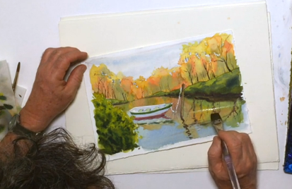 Screenshot (16) Boat on a lake with reflections watercolor technique 16