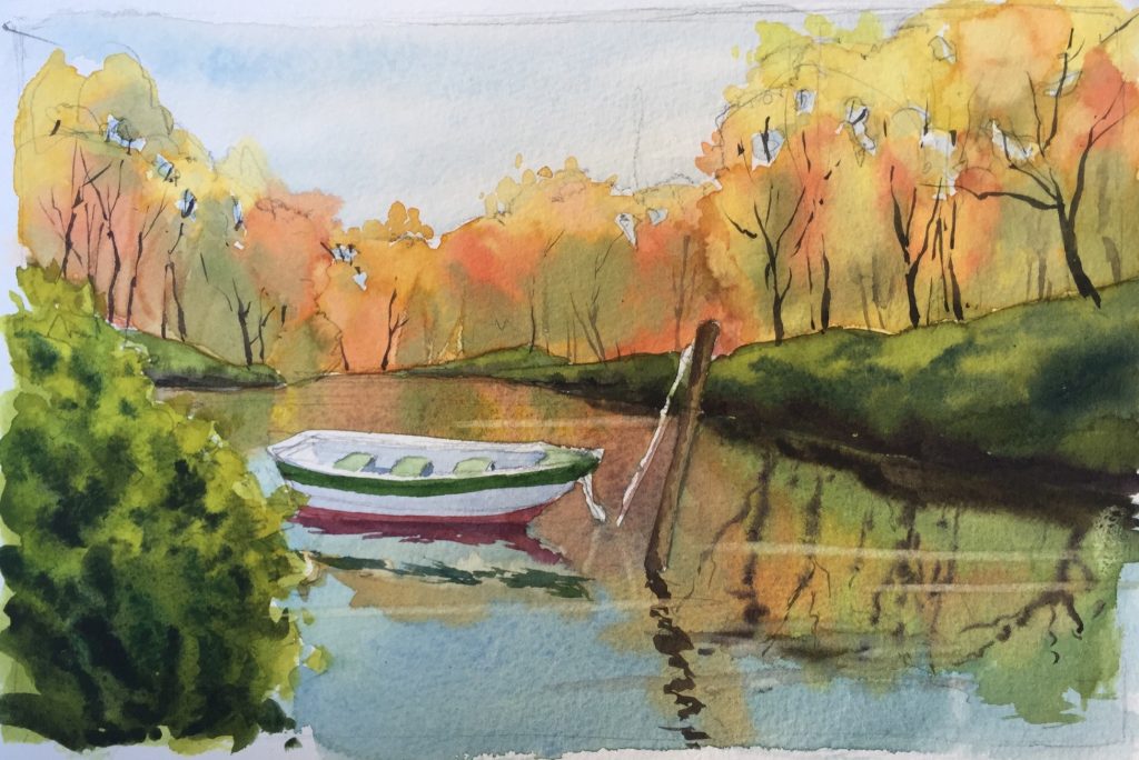 lake-boat Boat on a lake with reflections watercolor technique FINAL