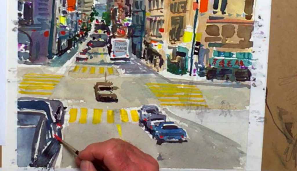 Finishing a city landscape painting